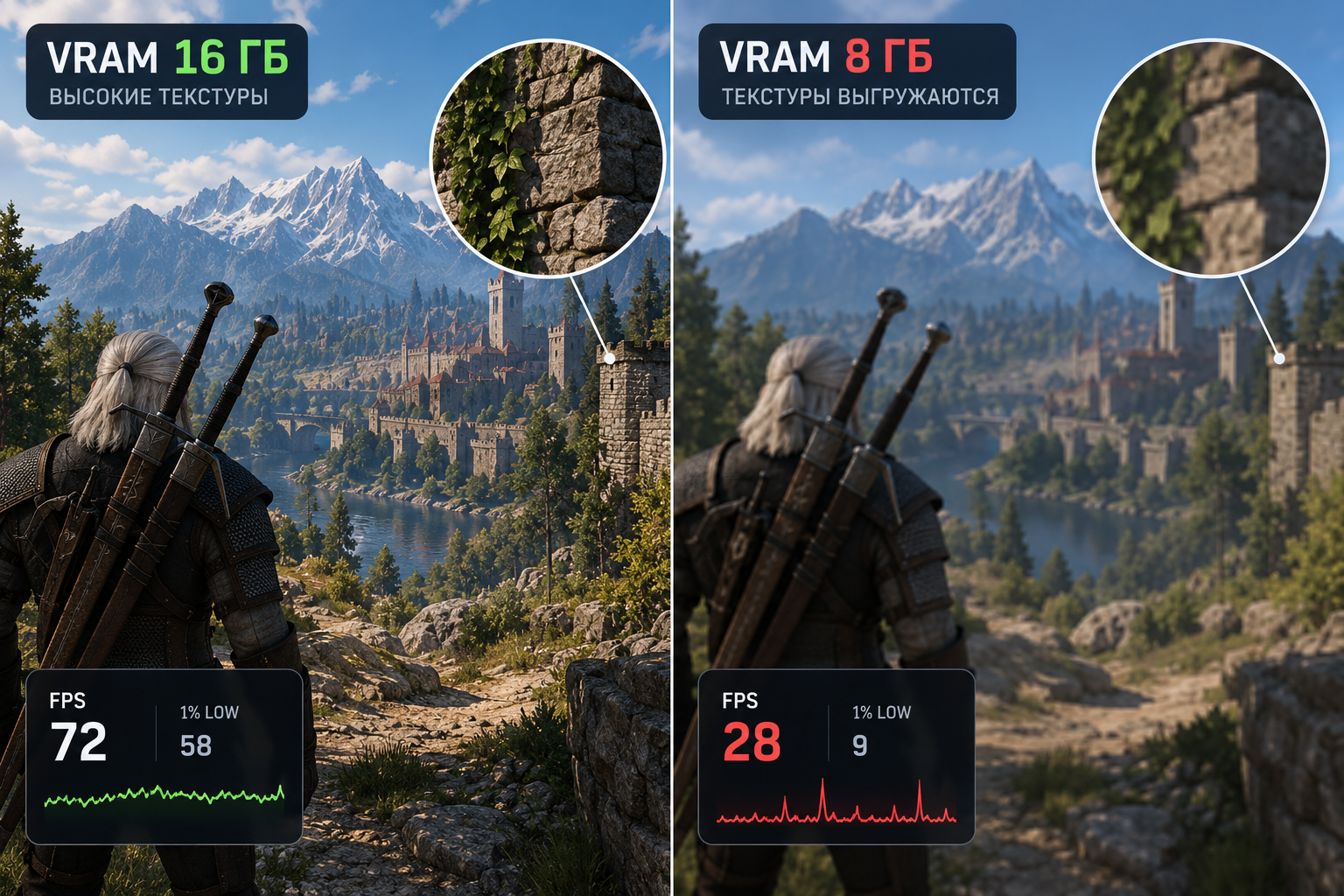 Вот такое мыло вы будете наблюдать, если памяти не хватит. Ну и низкий fps в придачу